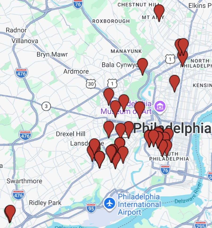 Map of 39 rental properties across Philadelphia and Delaware County